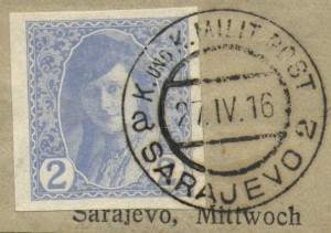Newspaper stamp 1916, later used in Yugoslavia with different overprints